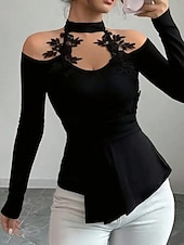 olcso Női Egyszerű Felsők-Női Blúz Tömör szín Stílusos Szexi Alkalmi Hosszú ujj Kötőfék nyaka Normál felsők Napi Csipke Kollázs Fekete Tavasz Ősz Tél