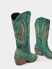Недорогие Ковбой и западные ботинки-Женские ковбойские сапоги в стиле вестерн из зеленой замши с вышивкой и массивным каблуком — модные ковбойские сапоги в стиле бохо для рождественских фестивалей, уличной моды и повседневных мероприятий