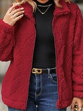 levne Sherpa bundy-Dámské Zimní kabát Teddy Coat Zahřívací Pohodlné Zip Kapsy Na běžné nošení Pevná barva Vánoce Dovolená ulice Ležérní Standardní Přehnutý Běžný Dlouhý rukáv Svrchní oděvy Černá Rubínově červená Khaki