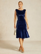  Damen Midikleid Trompeten- Meerjungfrauenkleid Elegant Party Hochzeitsgast Cocktailparty Normale Passform Einfarbig Ärmellos Wasserfallausschnitt Königliches Blau