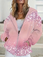 お買い得  アート＆デザイントップス-女性用 ジップアップパーカー フーディーズ ジッパーを閉める ポケット グラフィック 抽象的 ファッション ストリートファッション カジュアル 長袖 フード付き レギュラートップス カジュアル 日常着 お出かけ ピンク 春 秋