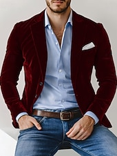 abordables Blazer-Blazer en velours pour homme, col cranté, style classique et décontracté, couleur unie, bordeaux, bleu, vert, coupe ajustée, simple boutonnage, deux boutons.