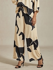 preiswerte Damenhosen-Damenhose mit weitem Bein, Satin, abstrakter geometrischer Druck, elastische Taille, plissiert, lässig, Urlaub, elegant, Frühling, Sommer, Herbst