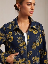  Jeansjacke mit Blumenmuster, lässig, für Urlaub und Alltag, mit Reißverschluss