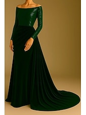 cheap Ball Gown Evening Dresses-A-Line Sweep / Brush Train Evening Gown Ball Gown with Overskirt Formal Dress Elegant Glittering Celebrity Style Long Sleeve Off Shoulder Formal Wedding Sequined Velvet with Pleats Ruched