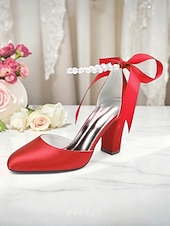 billige Pumps med blokkhæl-dame oransje sateng pumps med blokkhæl og perlemor &amp;bånd ankelstropp - elegante spisse høyhælte sko til bryllup, fester &amp;kveldsarrangementer