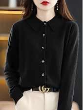 ieftine Cardigan simplu-Pentru femei Pulover Casual Culoare solidă Guler Cămașă Nasturi Manșon Lung Topuri obișnuite Tricotat Casă Zilnic Concediu Negru Alb Toamnă Iarnă