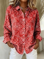 cheap Floral Blouses-Women's Shirt Blouse Print Paisley Elegant Stylish Modern Long Sleeve Shirt Collar Regular Tops Work Pink Red Green Summer Spring Fall Winter
