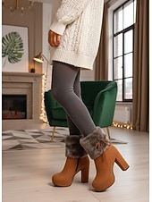 ieftine Cizme de zăpadă și iarnă-Ghete de damă cu platformă, din blană artificială, din piele întoarsă de culoare cămilă, cu detalii de legături și toc gros - ghete de iarnă călduroase și elegante, pentru purtare zilnică și de sărbători