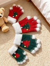  Női karácsonyi kötött kesztyű bolyhos mandzsettával és karácsonyfa mintával, meleg téli kesztyű felnőtteknek és gyerekeknek, aranyos ünnepi kiegészítő ajándék