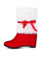 economico Stivali alla moda-stivali da donna con zeppa foderati in pelliccia rossa e fiocco - comodi stivali invernali per feste, Natale, uscite informali e abbigliamento per il freddo