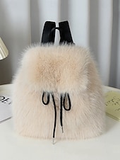 abordables Sacs à Dos de Mode-Sac à dos en fausse fourrure pour femme, sac à dos élégant avec cordon de serrage pour une tenue décontractée, matière en peluche douce, parfait pour un usage quotidien et les tenues d'hiver
