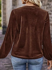billiga Enkla blusar-Dam Sammet Elegant Blus Knappar Ensfärgat Slät Elegant Stylish Ledigt Långärmad V-hals Vanliga toppar Dagligen Helgdag Utekväll Blå Brun Vår Höst