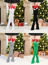 levne Dámské ponožky-Dámské vánoční ponožky do stehen, sada 4 párů, pruhované &amp;Jednobarevné červené sváteční punčochy s mašlemi a bambulkami, slavnostní ponožky nad kolena na zimní večírky &amp;dárky
