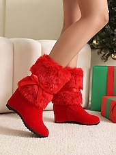 economico Stivali alla moda-stivali da donna con zeppa foderati in pelliccia rossa e fiocco - comodi stivali invernali per feste, Natale, uscite informali e abbigliamento per il freddo