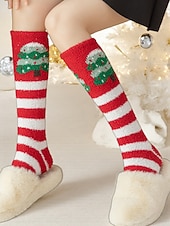 tanie Akcesoria świąteczne-Damskie, świąteczne, puszyste, sięgające do kolan skarpetki, ciepłe i przytulne, zimowe, domowe pończochy z odświętnym, czerwono-zielonym wzorem w gwiazdki, idealne na świąteczny relaks &amp;prezenty