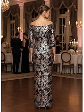  Футляр В пол Вышивка бисером Вечернее платье Платье матери невесты Выпускные платья Вечернее платье С пышной юбкой Торжественное платье Элегантный стиль Блестящая Стиль знаменитостей Рукав 3/4