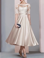 رخيصةأون طول الكاحل-A-الخط طول الساق فستان الحفلة فستان كوكتيل فستان زفاف ضيف فستان أم العروس نصف كم رقبة سكوب أنيق عتيق ضيف حفل زفاف ساتان دانتيل مع روش زينة