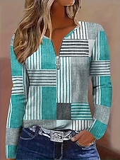 Χαμηλού Κόστους Τι-shirt με ρίγες και γεωμετρικά σχέδια-Γυναικεία Μπλουζάκι Φερμουάρ Στάμπα Γραφική Γεωμετρικό Βίντατζ Μοντέρνα Στυλάτο Μακρυμάνικο Στρογγυλή Ψηλή Λαιμόκοψη Κανονικά μπλουζάκια Καθημερινά Πράσινο του τριφυλλιού Γκρίζο