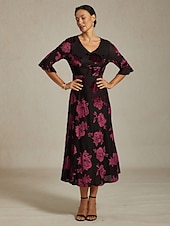  Women's Midi Dress A Line Dress Elegant Birthday Cocktail Wedding Guest Velvet Daily Cocktail Party Regular Fit Floral Half Sleeve V Neck Navy Blue Spring Fall Winter