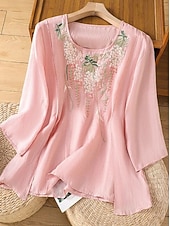 abordables Camiseta floral-Mujer Tallas pequeñas Camisa Bordado Plano Bohemia Estilo lindo Elegante Media Manga Manga Farol Escote Redondo Tops regulares Diario Noche Fin de semana Blanco Verde Claro Rosa Verano