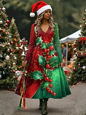 Kerstmis Dames Halflange jurk A lijn jurk Vakantie Casual Dagelijks Normale pasvorm Bloemig Grafisch Lange mouw V-hals Diep Groen Rood Groen Herfst Winter voordelige Kerstjurken-Kerstmis Dames Halflange jurk A lijn jurk Vakantie Casual Dagelijks Normale pasvorm Bloemig Grafisch Lange mouw V-hals Diep Groen Rood Groen Herfst Winter