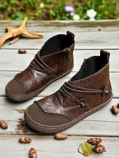 cheap Ankle Boots-Women's Vintage Coffee Faux Leather Booties with Side Zipper – Comfortable Ankle Boots for Casual Wear, Outdoor Walks and Everyday Outfits
