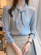 preiswerte Schicke Blusen-Damen Hemd Elegant Satin-Top Bluse Schleife Einfach Stilvoll Langarm Rundhalsausschnitt Normale Oberteile Ferien Ausgehen Blau Weiß Frühling Herbst