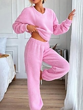 tanie Doły i topy do spania dla kobiet-Damskie Piżama Odzież domowa Zestawy piżamowe Flanela Ciepłe Moda Czyste kolory Elastyczny pas Nogawka Dom Codzienny Długi rękaw W serek Rumiany róż Jesień Zima Regularny