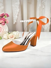 billige Pumps med blokkhæl-dame oransje sateng pumps med blokkhæl og perlemor &amp;bånd ankelstropp - elegante spisse høyhælte sko til bryllup, fester &amp;kveldsarrangementer