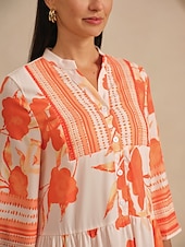 Недорогие Цветочные платья-Женское платье макси из оранжевого атласа, свободного кроя, рукав 3/4, V-образный вырез, воротник-стойка, цветочный гавайский принт, элегантное, для отпуска, на каждый день, весна-лето