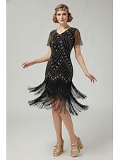 levne 1920s šaty-Řvoucí 20s 20. léta 20. století Ke kolenům Bubenové šaty Krátké rukávy Velký Gatsby Flitry Třásně Do V Maškarní kostým Dámské Vánoce Karneval speakeasy Plesová maškaráda Retro tematická párty Dospělé