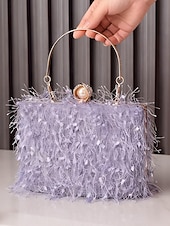 tanie Torby i torebki-Damska torebka na imprezę świąteczną – elegancka wieczorowa torebka z piórami w kolorze czerwonym i zielonym, ze złotym uchwytem i perłowym zapięciem – świąteczny prezent dla kobiety – szykowny, świąteczny styl na uroczystości bożonarodzeniowe