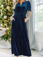 olcso Buliruhák-Női Midi ruha Karácsonyi ruha Bársony ruha Party ruha Koktélruha Elegáns Modern Parti Születésnap Estély Normál Sima Rövid ujjú V-alakú Bor Katonai zöld Sötétkék Sötétzöld Tavasz Ősz