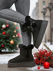 cheap Snow &amp; Winter Boots-Women&#039;s White Fur-Trimmed Slip-On Winter Boots with Bow Detail, Stylish Cozy Snow Boots for Cold Weather and Holiday Wear