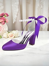 billige Pumps med blokkhæl-dame oransje sateng pumps med blokkhæl og perlemor &amp;bånd ankelstropp - elegante spisse høyhælte sko til bryllup, fester &amp;kveldsarrangementer