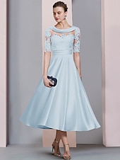 رخيصةأون طول الكاحل-A-الخط طول الساق فستان الحفلة فستان كوكتيل فستان زفاف ضيف فستان أم العروس نصف كم رقبة سكوب أنيق عتيق ضيف حفل زفاف ساتان دانتيل مع روش زينة