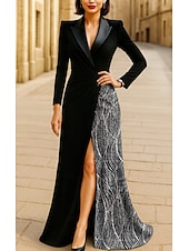 billige Tuxedokjoler-Dame Smokingkjole A-linje Skjede Bryllup Formell Paljetter Polyester / Bomull Elegant Glitrende Langermet Gulvlengde Med hakk Glidelås
