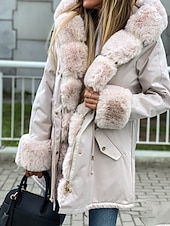 billige Pels &amp; Lær-Dame Vinterfrakk Frakk Fuskepels Hold Varm Bekvem Lomme Knapper Fritid Fargeblokk Feriereise Gate Avslappet Ferie Lang Med hette Normal Langermet Yttertøy Svart Rosa Brun Høst Vinter