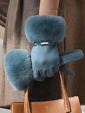 tanie Rękawiczki damskie-Damskie rękawiczki z ekranem dotykowym, materiał ze sztucznego futra poliestrowego, przytulne zimowe rękawiczki na Boże Narodzenie, eleganckie i stylowe, idealne na świąteczny prezent