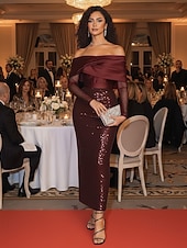 billiga Cocktailklänningar-Sjöjungfru trumpet Telång Cocktailklänningar Festklänningar Elegant Ärmlös Över axeln Trädgårdsfest Bröllop Paljetter med Plisserat