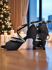 cheap Latin Shoes-Women's Black Satin Rhinestone Strappy Latin Dance Shoes - Open Toe High Heel Sandals for Gatsby Party &amp; Ballroom Dance