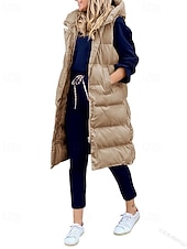 cheap Down Vests-Women&#039;s Winter Coat Down Jacket Vest Warm Comfortable Pocket Buttons Casual Plain Vacation Daily Wear Going out Weekend Long Hooded Regular Fit Sleeveless Outerwear Black Wine Khaki Fall Winter