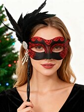 billige Maskerade Tilbehør-Håndholdt maskerademaske med grønn fjær for kvinner, strass og perledetaljer til julefest og Great Gatsby-ball &amp;karneval