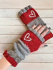 abordables Guantes de mujer-Guantes de punto navideños para mujer con diseño de corazón bordado, varios colores, accesorios de invierno acogedores para la temporada navideña.