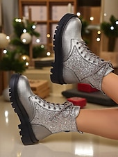Botas de combate con purpurina roja para mujer: botines con cordones brillantes para mujer, ideales para Navidad, fiestas de invierno y salidas festivas. abordables Zapatos de Navidad para Mujeres-Botas de combate con purpurina roja para mujer: botines con cordones brillantes para mujer, ideales para Navidad, fiestas de invierno y salidas festivas.