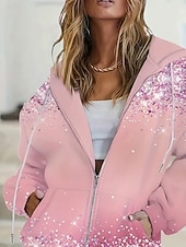 お買い得  アート＆デザイントップス-女性用 ジップアップパーカー フーディーズ ジッパーを閉める ポケット グラフィック 抽象的 ファッション ストリートファッション カジュアル 長袖 フード付き レギュラートップス カジュアル 日常着 お出かけ ピンク 春 秋