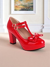 cheap 1950s Retro-Women's 1950s Vintage Patent Faux Leather T-Strap Heels with Bow Detail, Comfortable Chunky Block Heel, Elegant for Parties, Weddings and Special Occasions