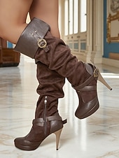 abordables Medieval &amp; Renacimiento-Botas medievales marrones por encima de la rodilla para mujer con tacones de aguja altos y diseño de correa con hebilla, botas de moda de estilo renacentista vintage para fiestas de disfraces, cosplay