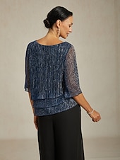  Damen Bluse Elegante Oberteile Fließende Oberteile Chiffon Tops Pailletten Plissiert Patchwork Elegant Vintage Stilvoll Dreiviertelarm Rundhalsausschnitt U-Boot-Ausschnitt Täglich Arbeit Outfits für